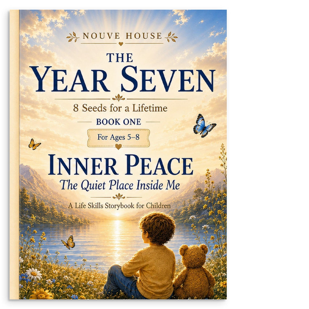 Front cover of the children's book "The Year Seven: Inner Peace" by Nouve House, a mindfulness storybook for kids ages 5–8 featuring a child sitting by a lake with a teddy bear.