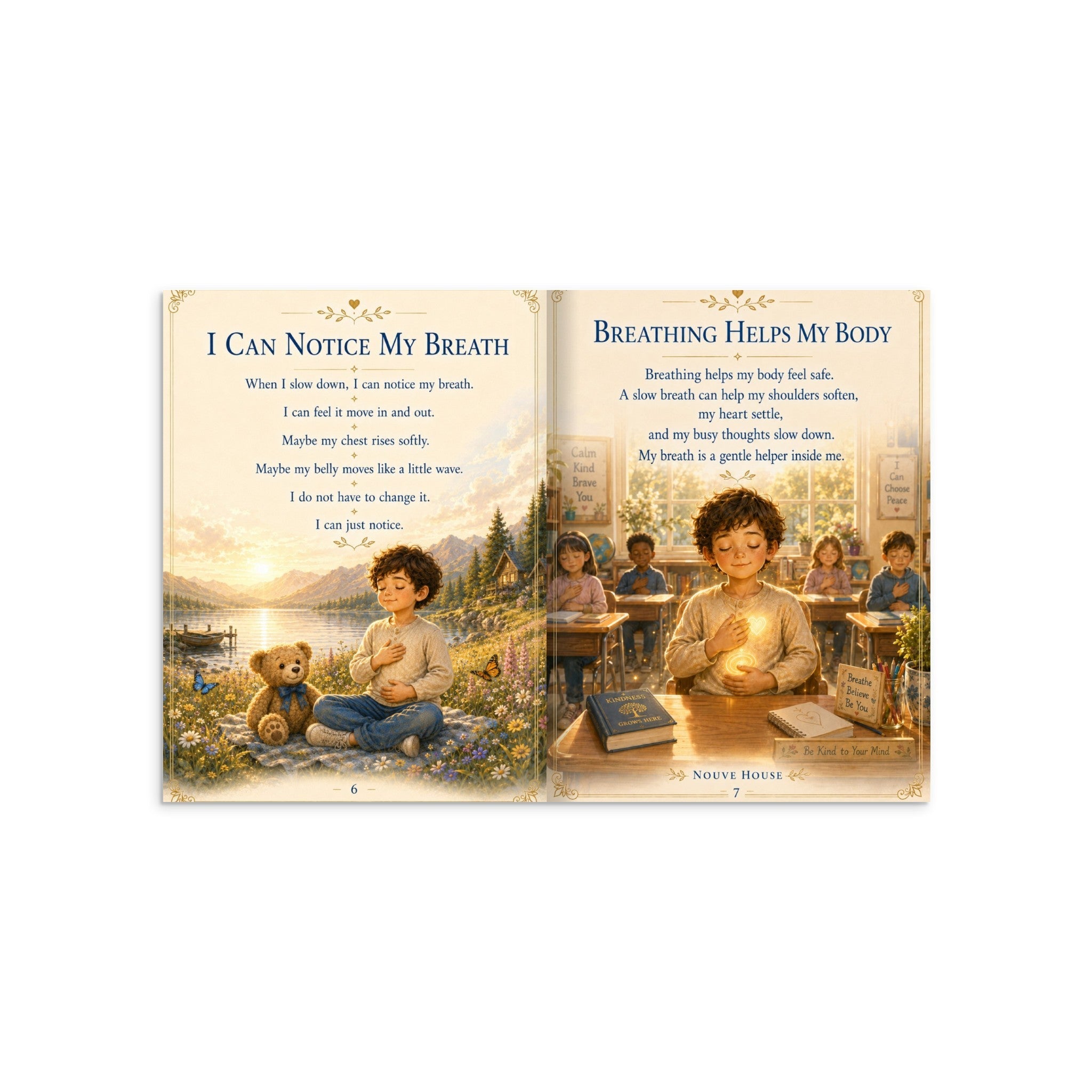 Inner Peace Children's Book pages showing mindfulness storybook for kids, teaching breathing and mindfulness techniques.