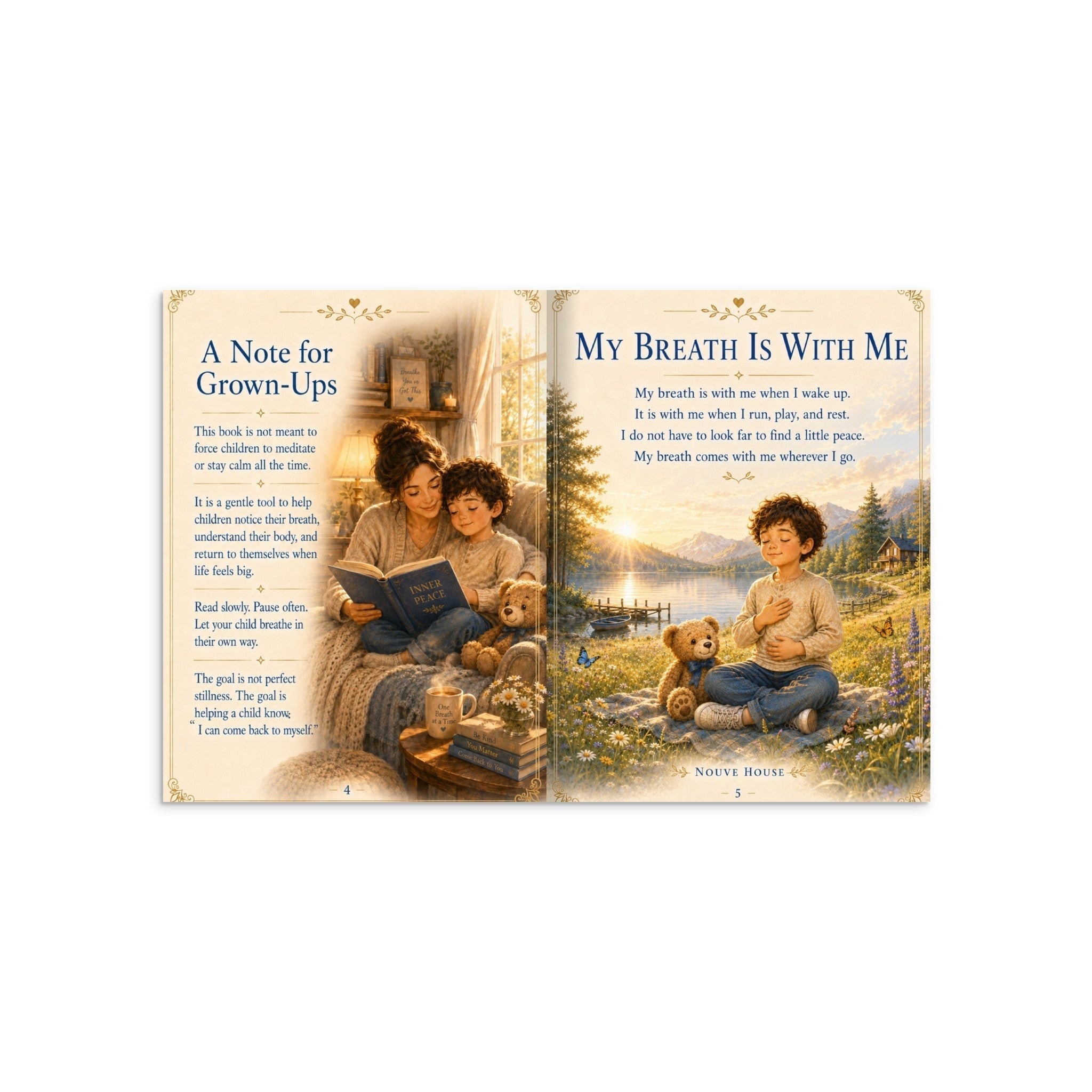 Mindfulness book for kids pages with A Note for Grown-Ups and calming guidance